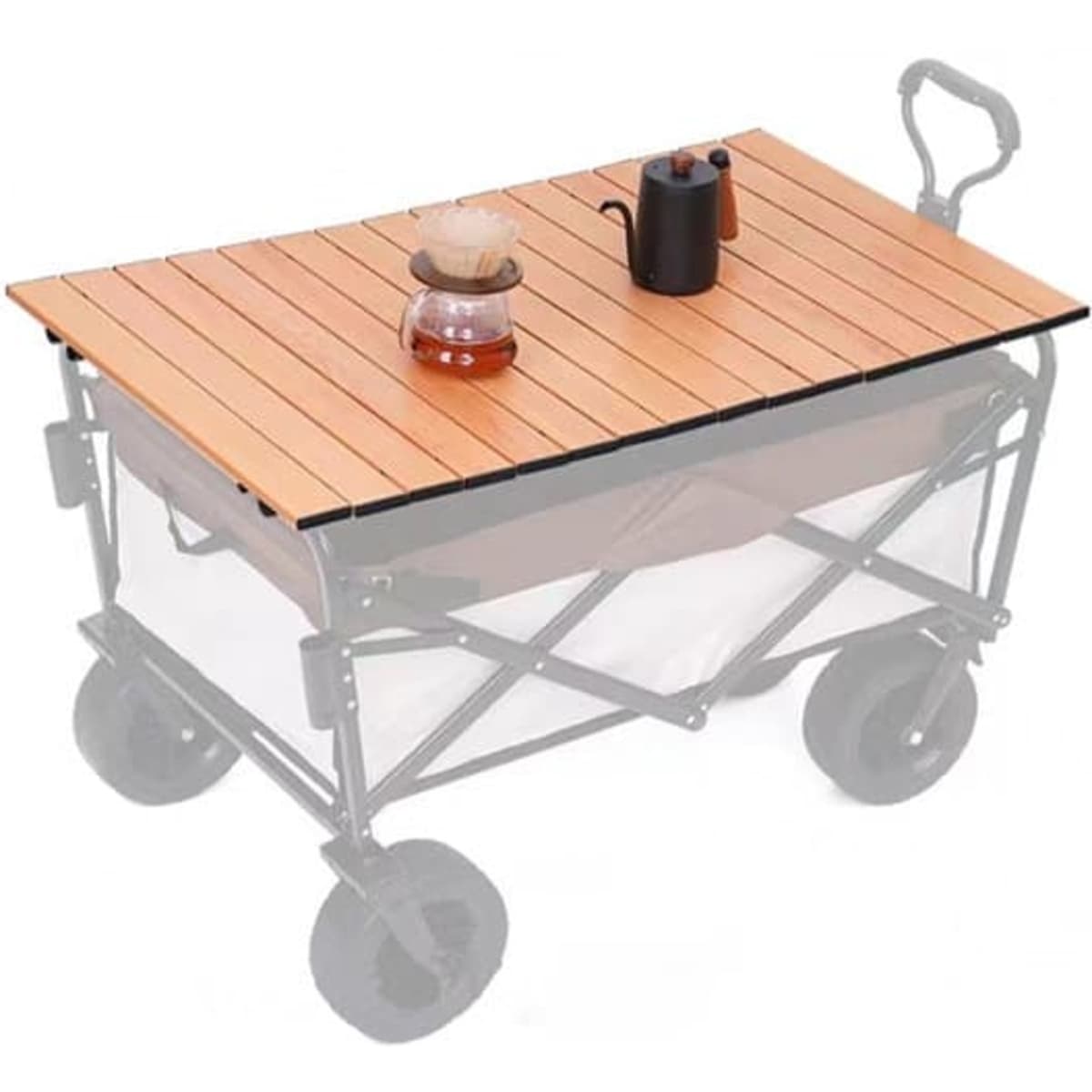 A collapsible folding camping wagon with a wooden desktop surface, featuring black wheels and a sturdy frame.