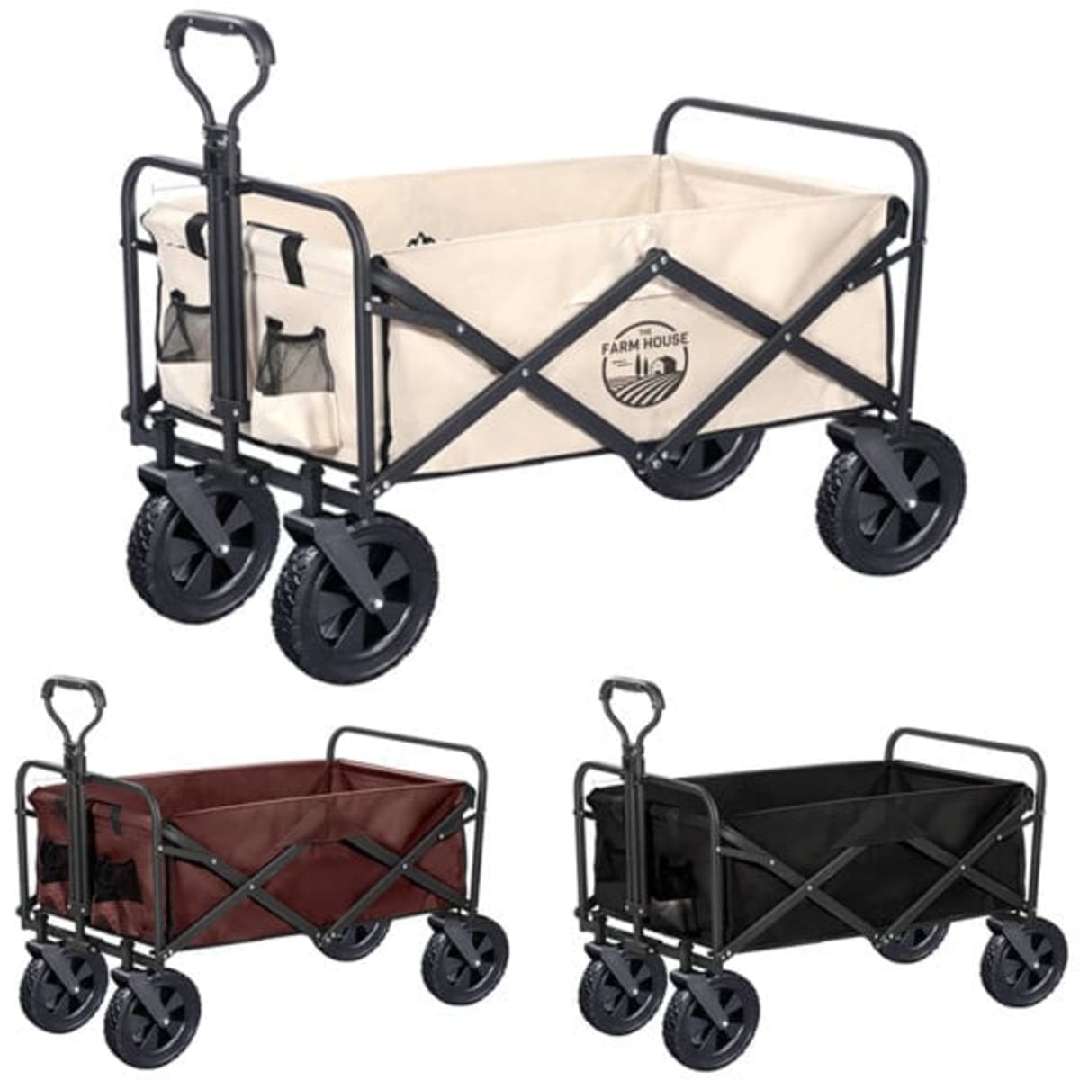 A collapsible camping trolley in cream, maroon, and black, featuring a fabric base and sturdy wheels.