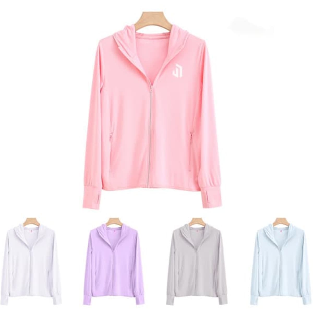 A pink zip-up jacket with a hood, accompanied by grey, purple, white, and light blue variations. Contains a logo.