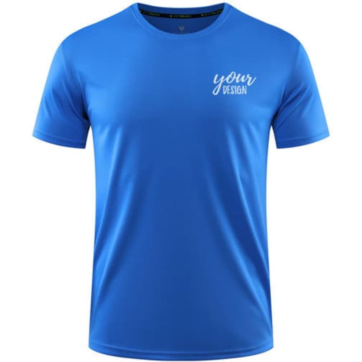 A blue customizable sports quick dry t-shirt featuring a logo on the chest area.