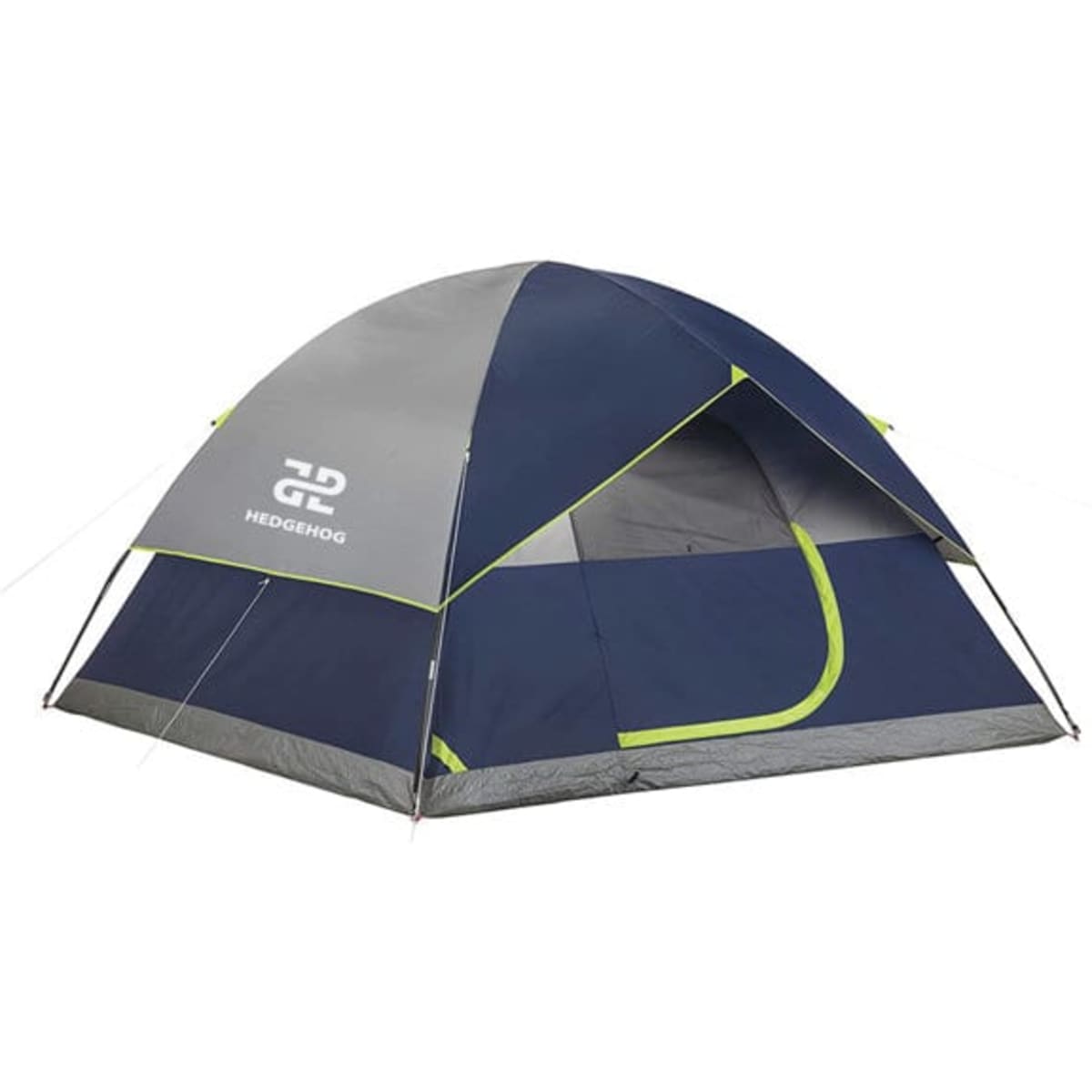 A two-person camping dome tent in navy blue and grey, featuring a logo and mesh windows for ventilation.