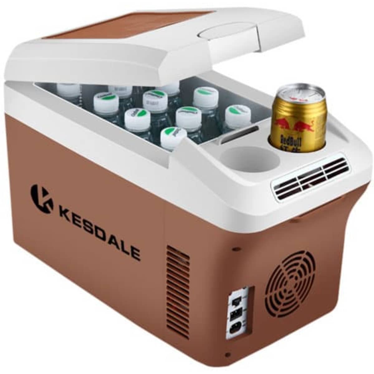 A portable car refrigerator in brown and white with a lid open, featuring drink bottles and a can inside.