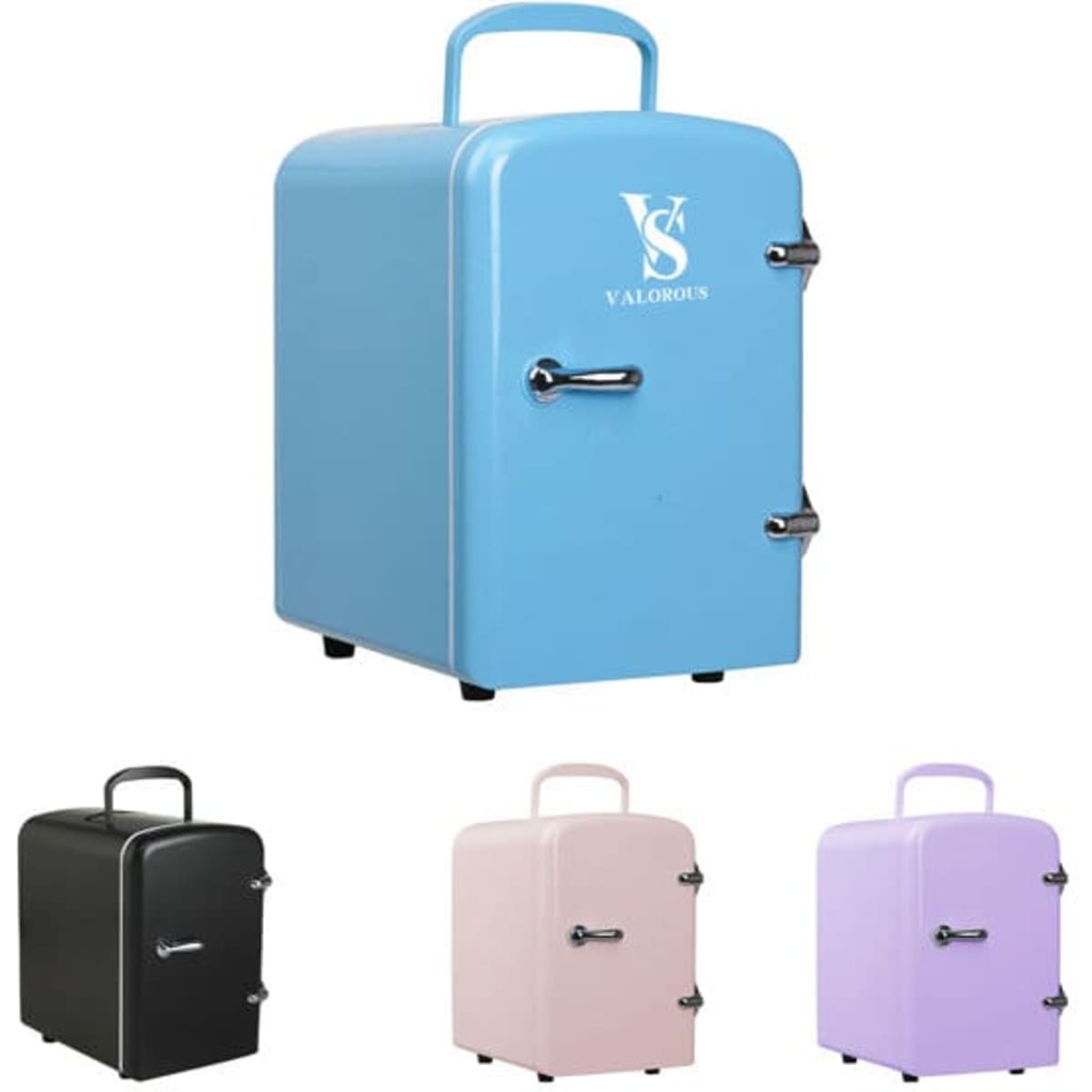 A mini refrigerator in blue, black, pink, and purple with a handle and a logo on the front.