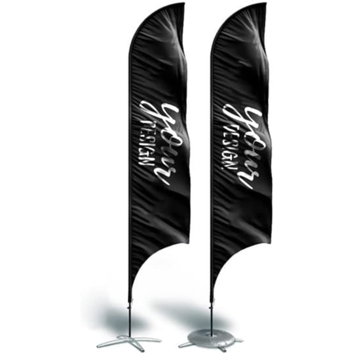 Two black feather flags with a sleek design, featuring a stand for support. Each flag has a branding logo.