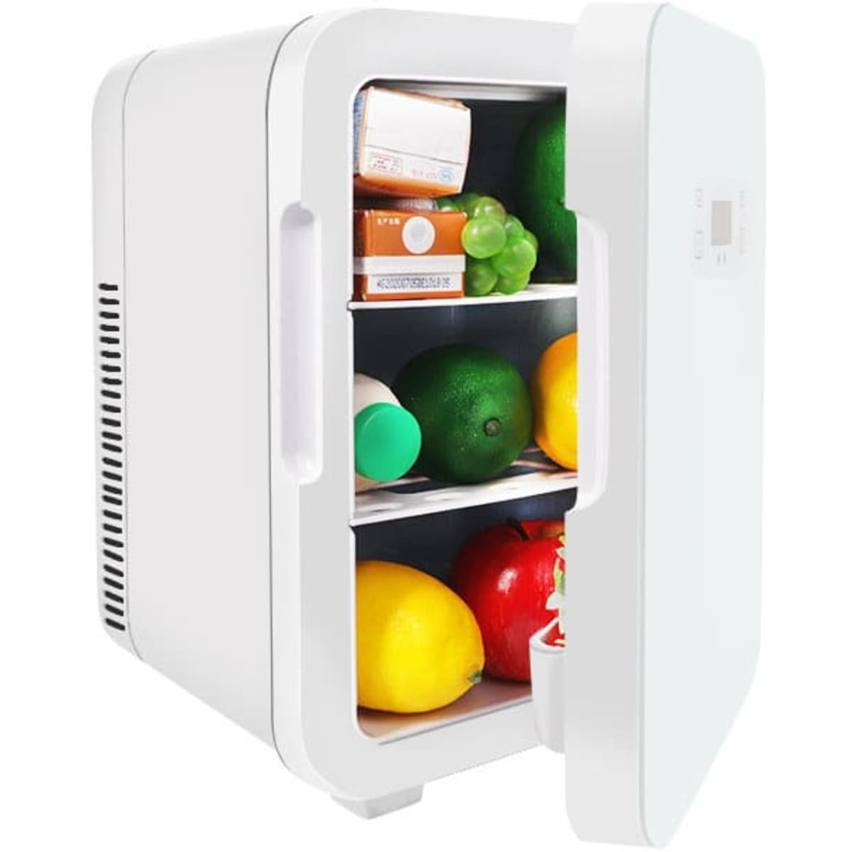 A white portable mini car fridge with open door, displaying drinks, green grapes, lemons, avocados, and other items inside.