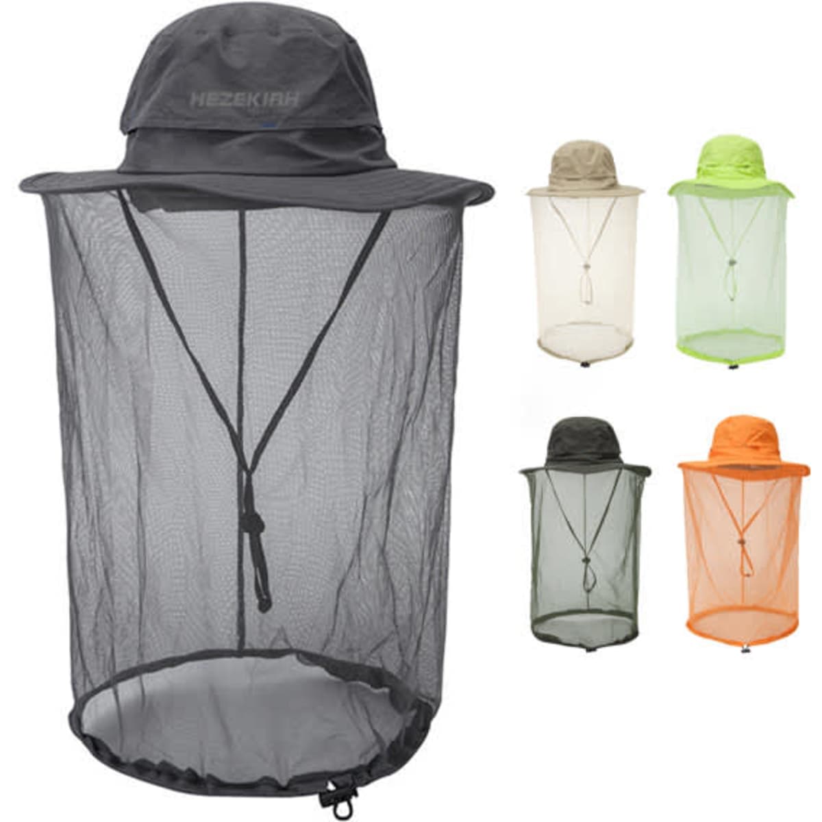 Fisherman hats in various colours featuring a mesh mask for added protection. Each hat has a logo and adjustable drawstring.