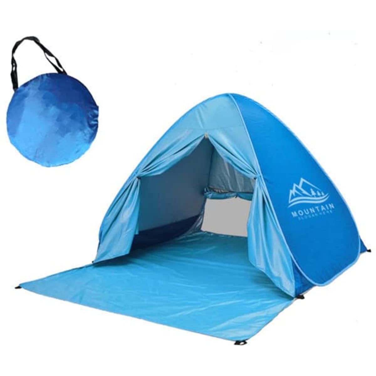 A blue pop-up beach tent with an inside view and a carry bag in the background. Features a logo on the tent.