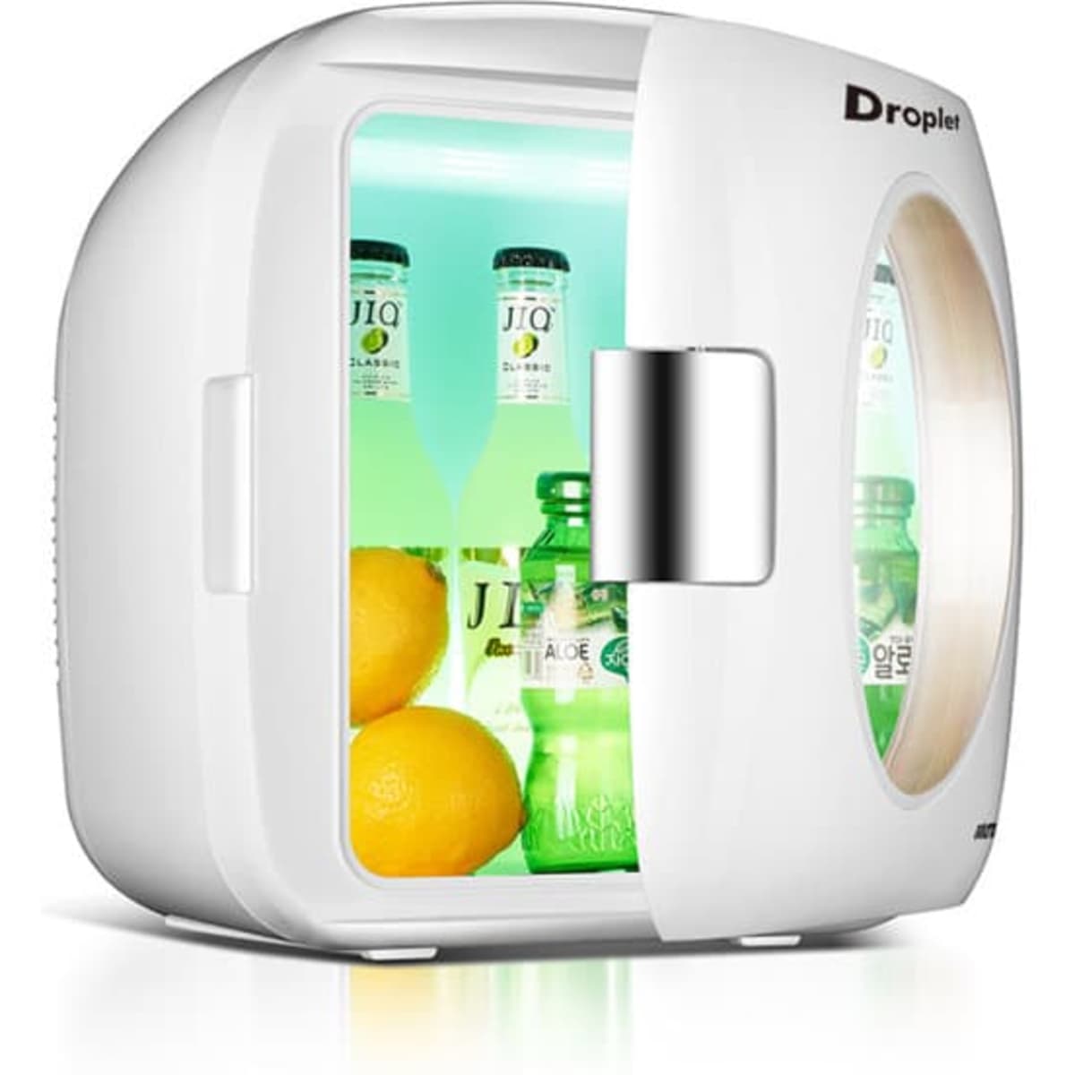 A white mini fridge with a rounded design, containing bottles and lemons, illuminated from within.