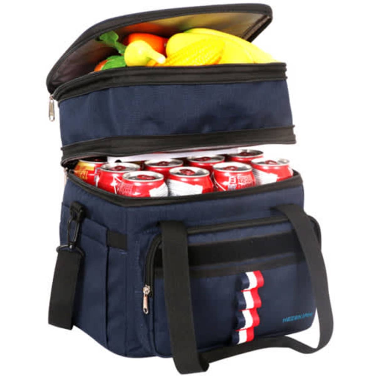 A navy cooler bag with two compartments, filled with drinks and fruit, featuring a logo on the front.