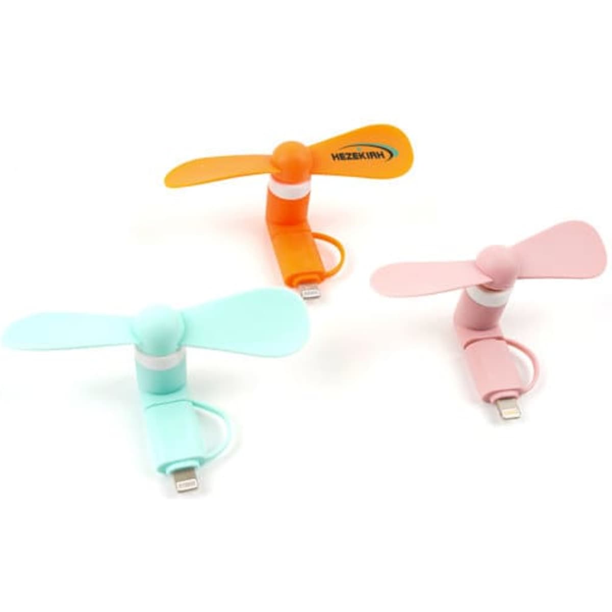 A set of three mini USB fans in orange, pink, and mint green, with a logo on one fan.