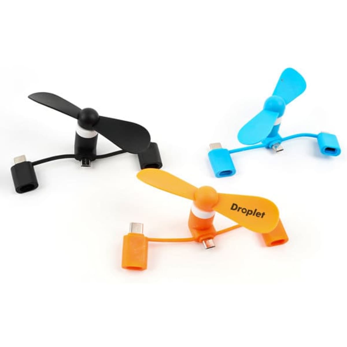 A set of three mini USB fans in black, blue, and orange, each with a connector for phones and computers.