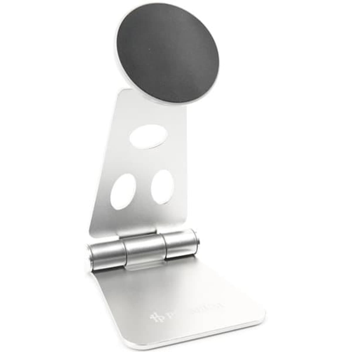 A magnetic foldable phone holder in silver with a black top surface, featuring a sleek design and branding.