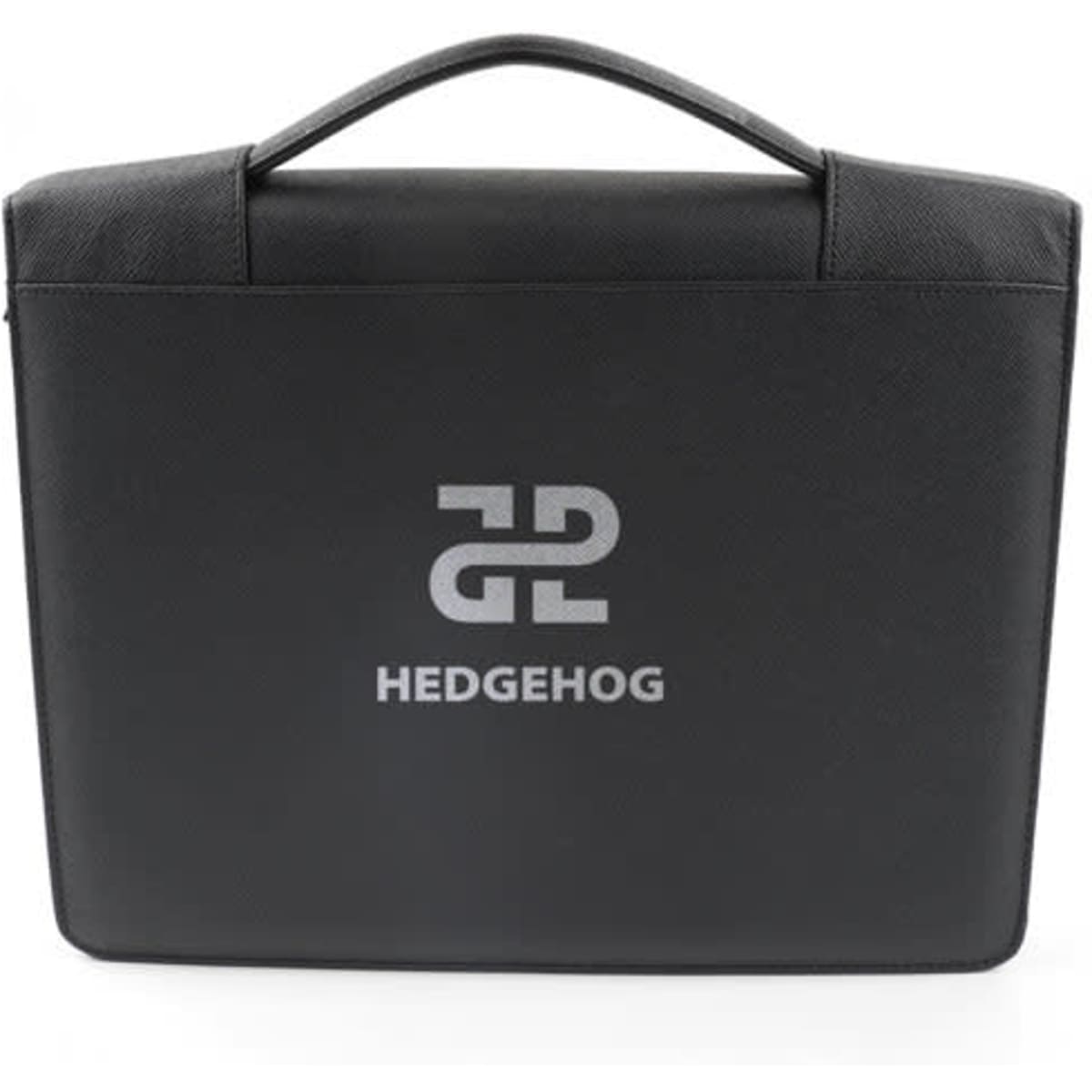 A black zippered binder padfolio featuring a handle and a logo on the front.