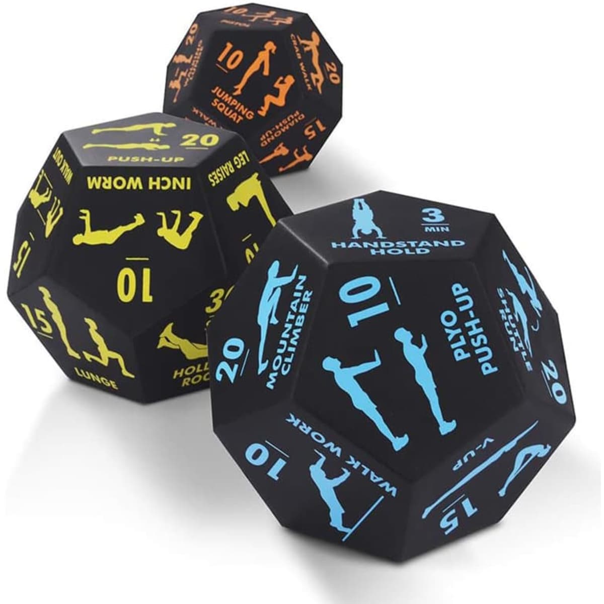 A set of three black, 12-sided foam dice with blue and yellow exercise illustrations and numbers on each face.
