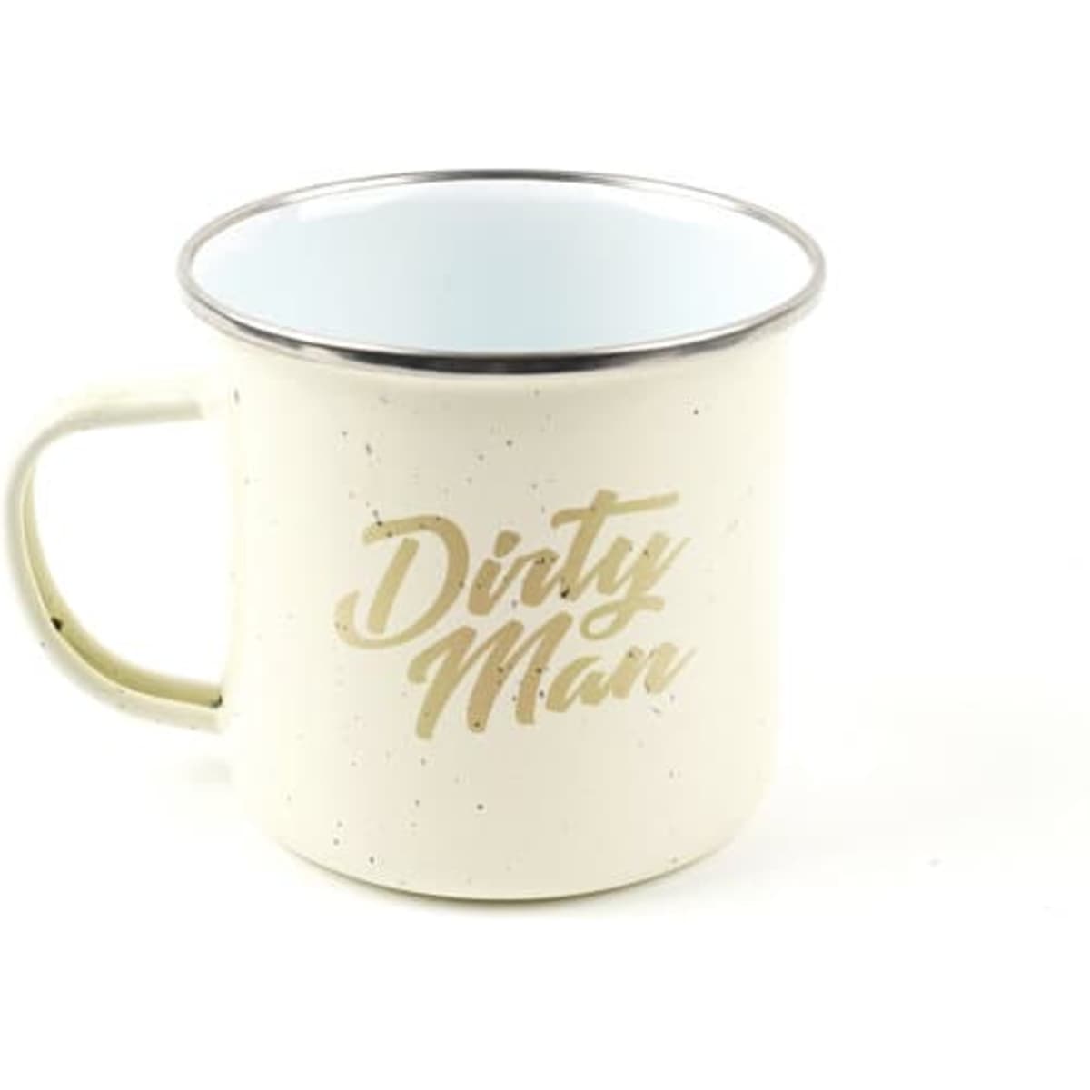 A cream enamel mug with a silver rim and a light blue interior, featuring a logo.