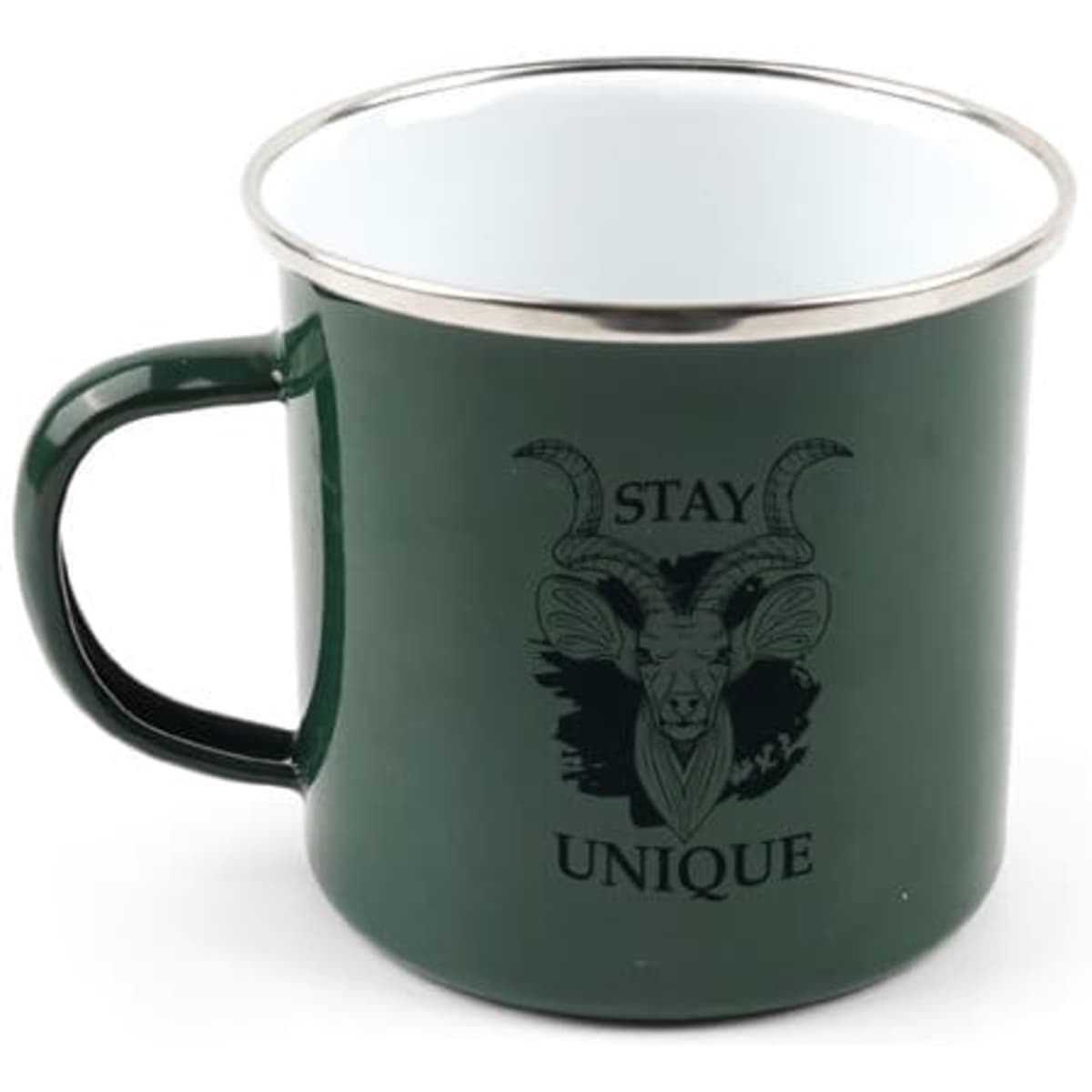 A green enamel mug with a silver rim, featuring a design and a logo on one side.