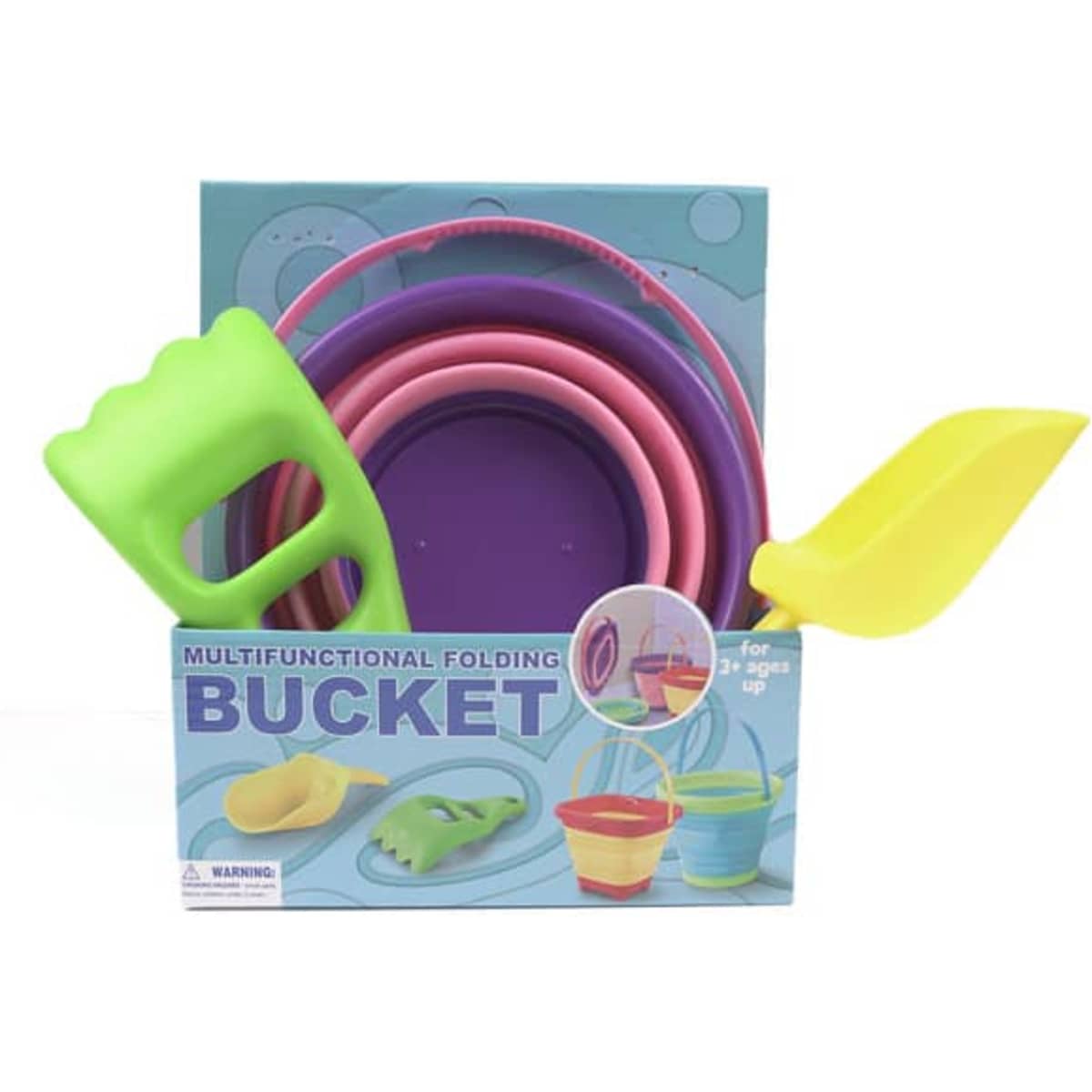 A set of foldable sand buckets in pink, purple, and yellow, including a shovel and a scoop, packaged in a box with a logo.