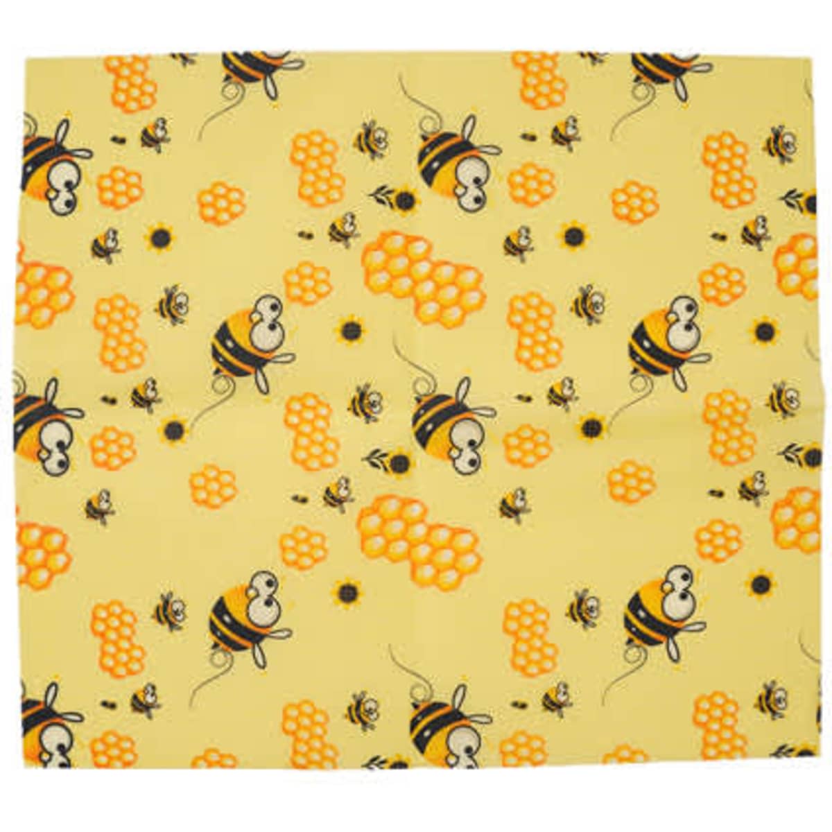 A yellow beeswax wrap featuring bees, honeycombs, and flowers in a playful pattern. It has a logo in one corner.