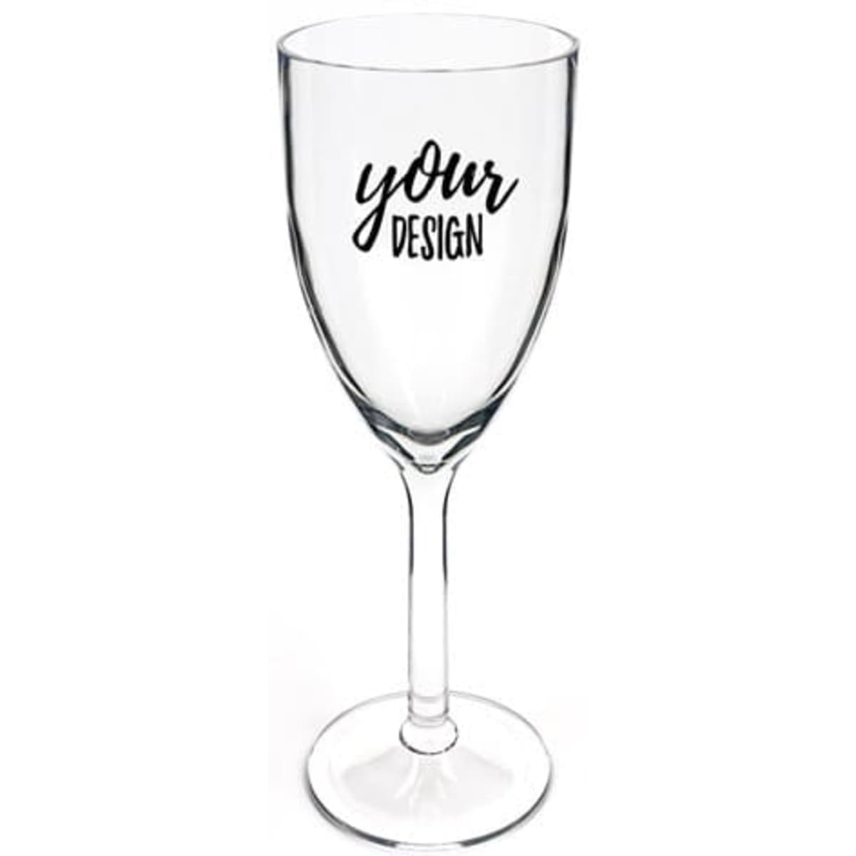 A clear 8 oz. plastic wine glass with a tall stem, featuring a space for custom design or logo.