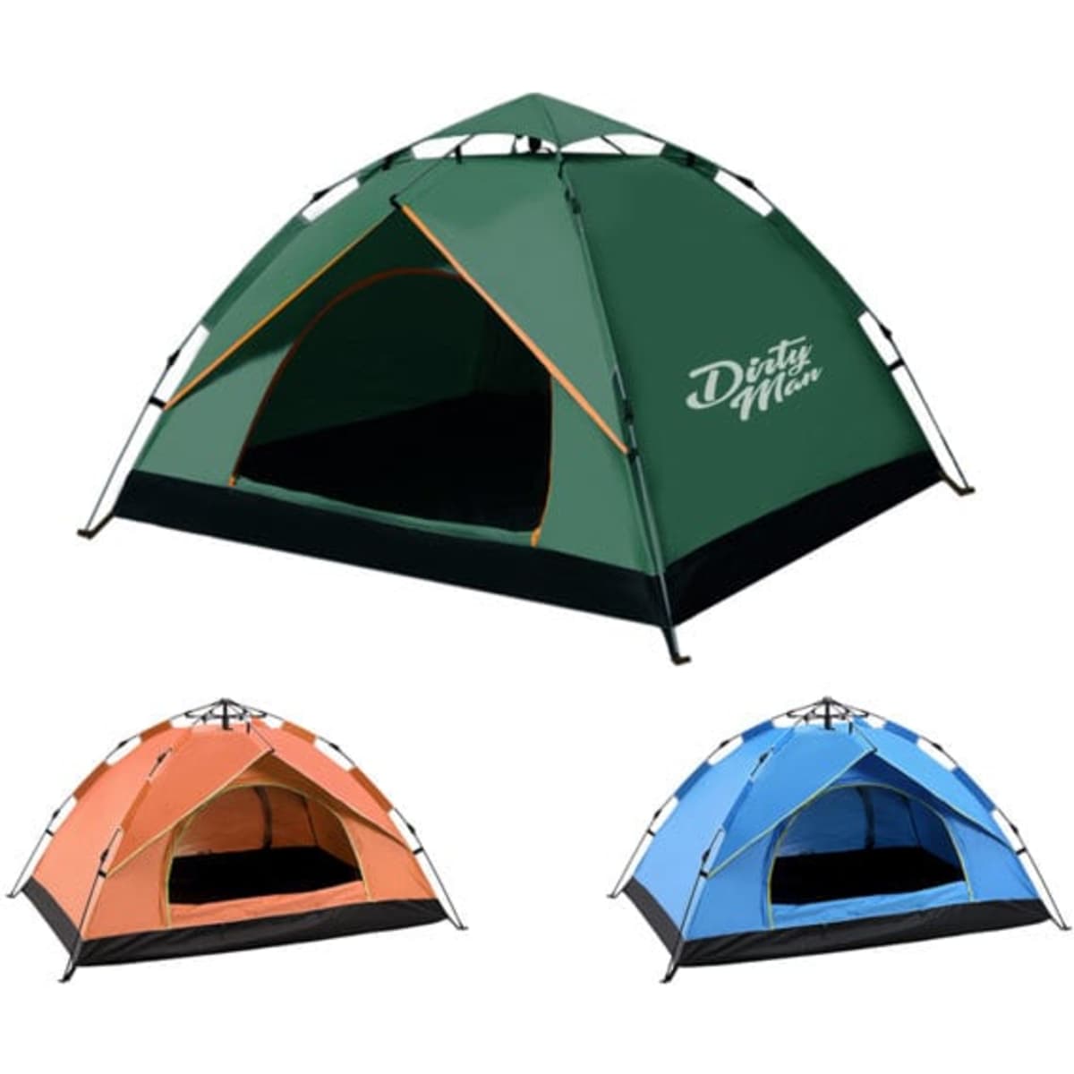 A green, orange, and blue camping tent with a logo, featuring a spacious design for two people.