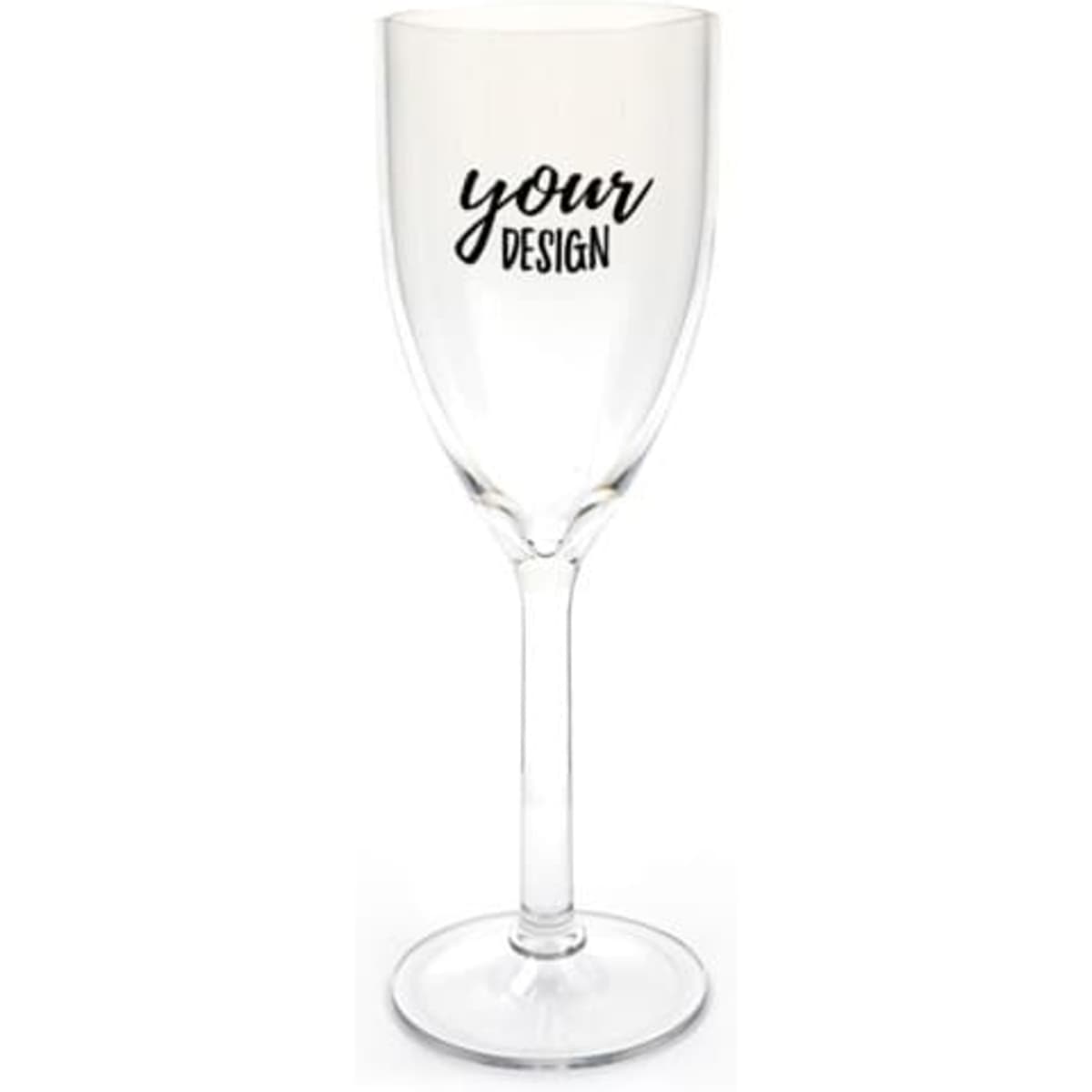 A clear plastic champagne glass with a long stem, featuring space for custom design or text.