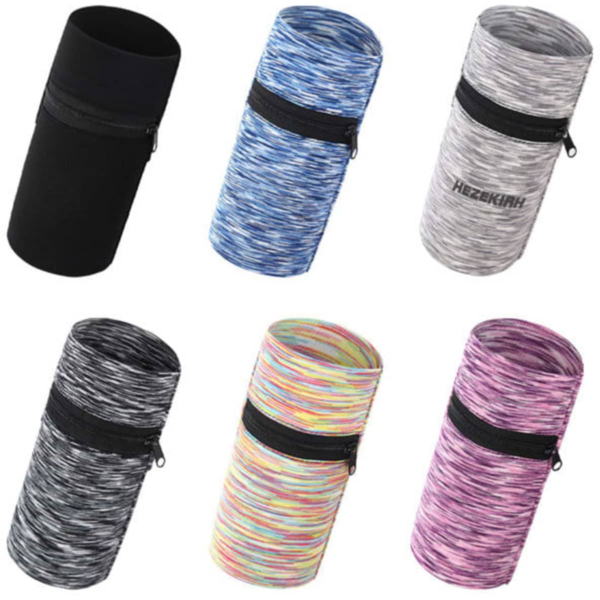 A collection of six sports zipper wrist pouches in black, blue, grey, multicoloured, and pink, featuring zippers and branding.