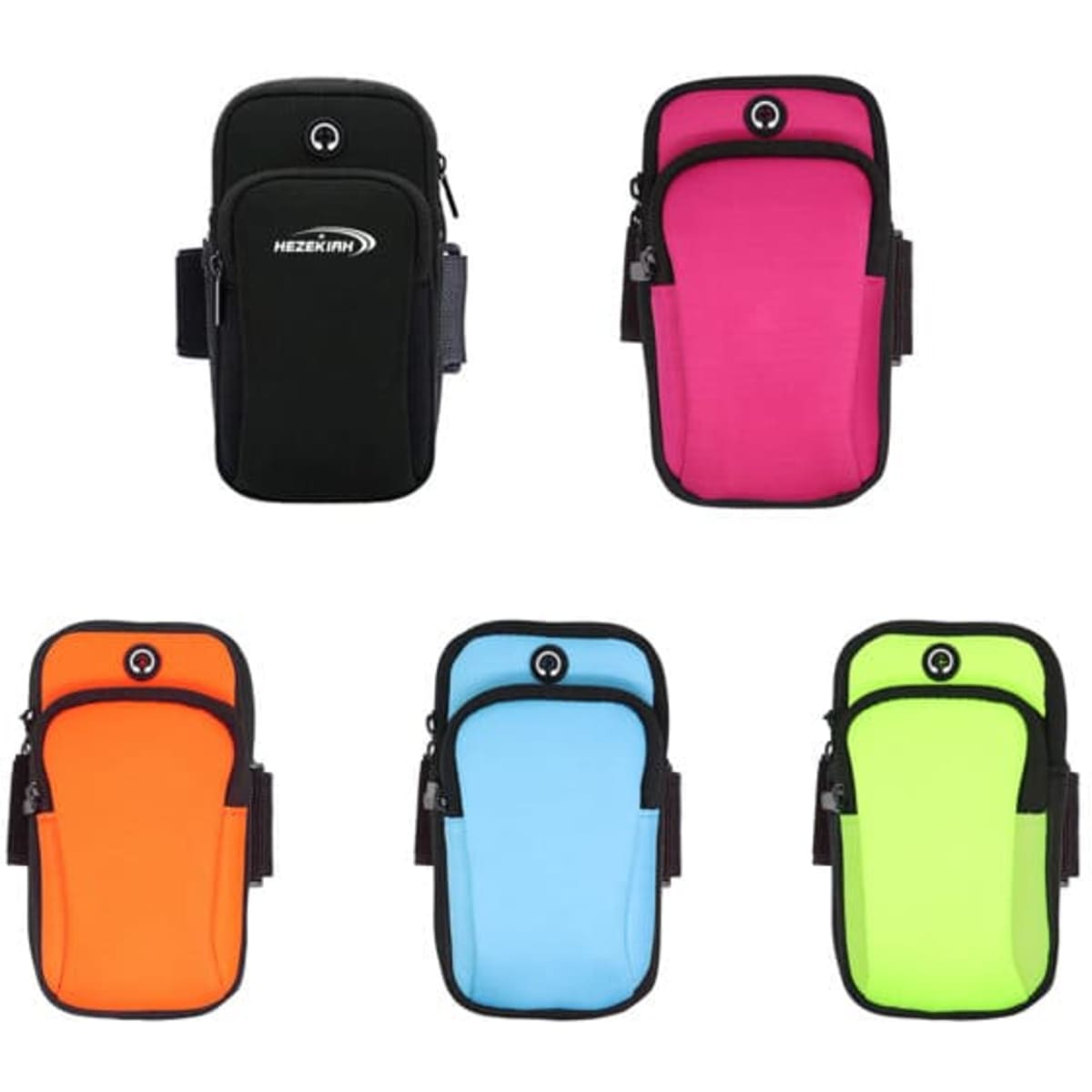 A collection of five custom neoprene sports arm bags in black, pink, orange, blue, and green, each featuring a logo.