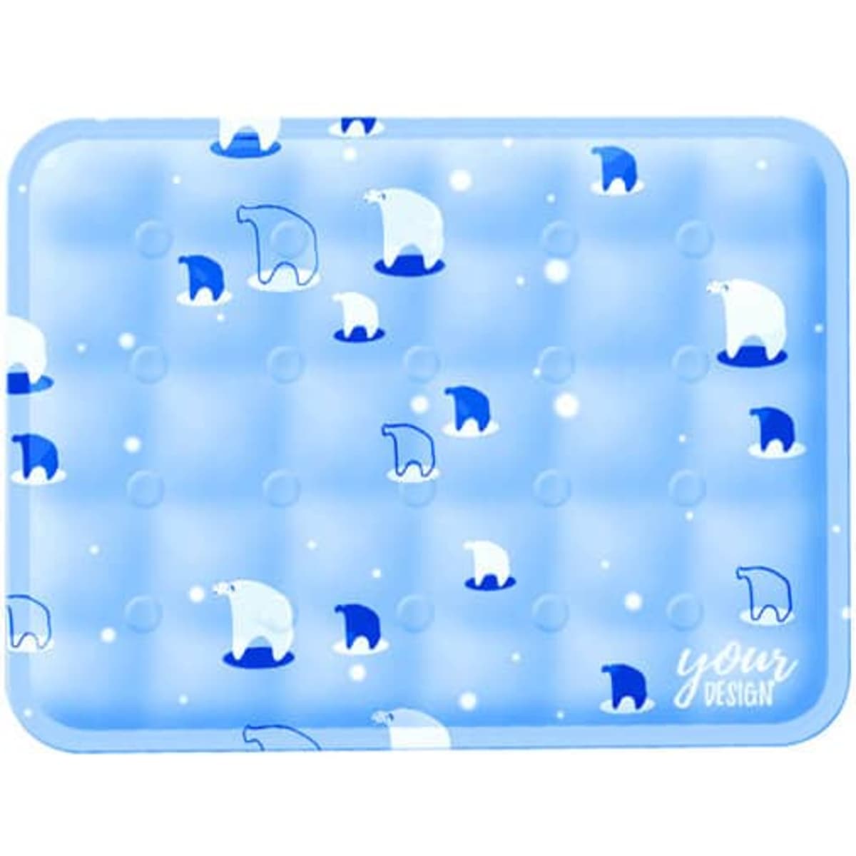 A blue pet cooling pad features polar bear designs on a textured surface, and includes branding in the corner.