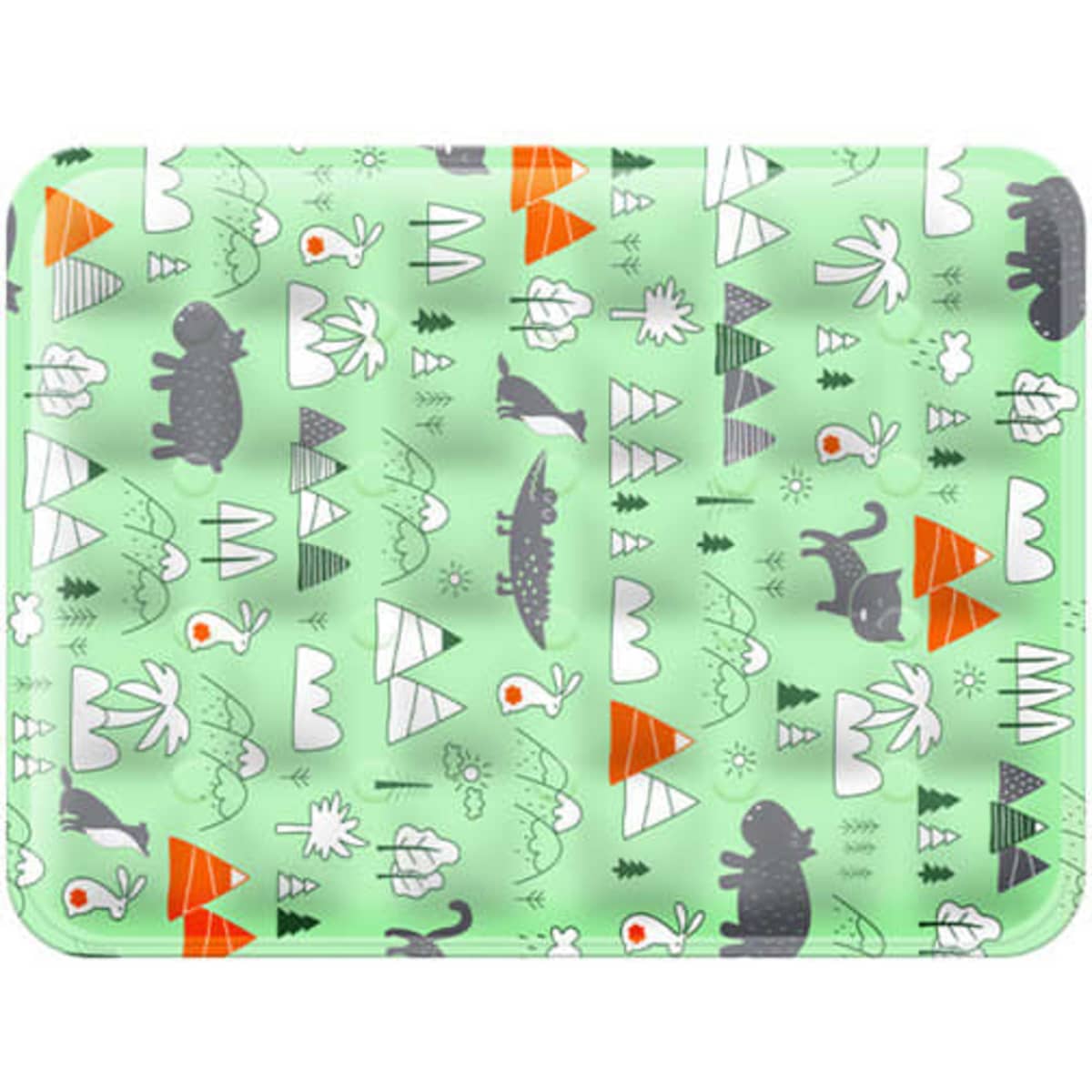 A mint green pet cooling mat featuring playful animal and nature patterns in grey, orange, and white.