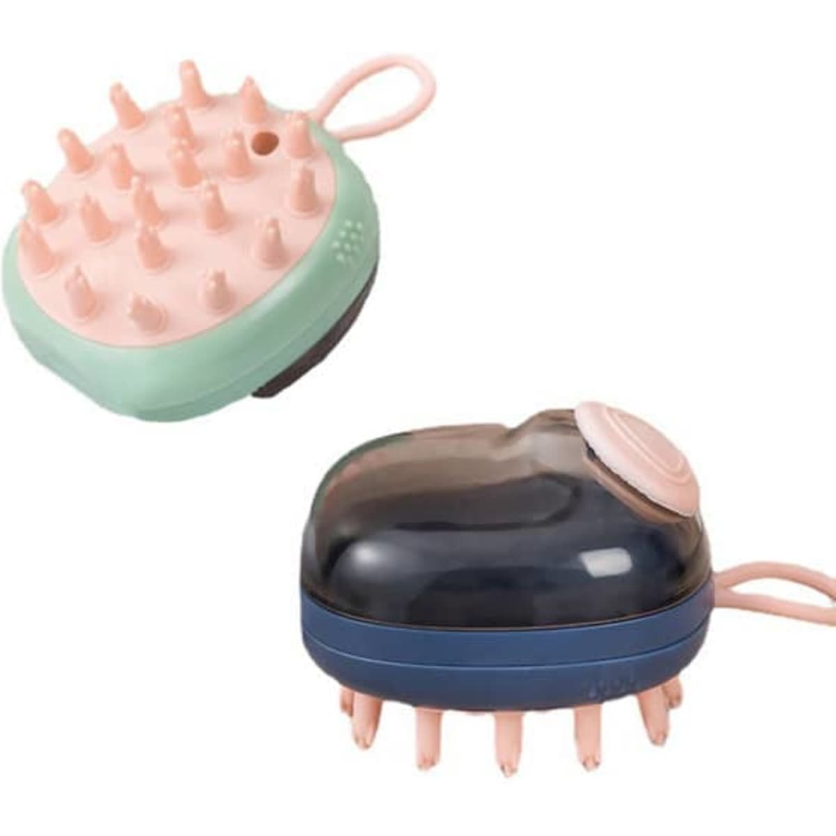 A bath massager brush for pets in mint green, pink, and navy blue colours, featuring soft bristles and a button.