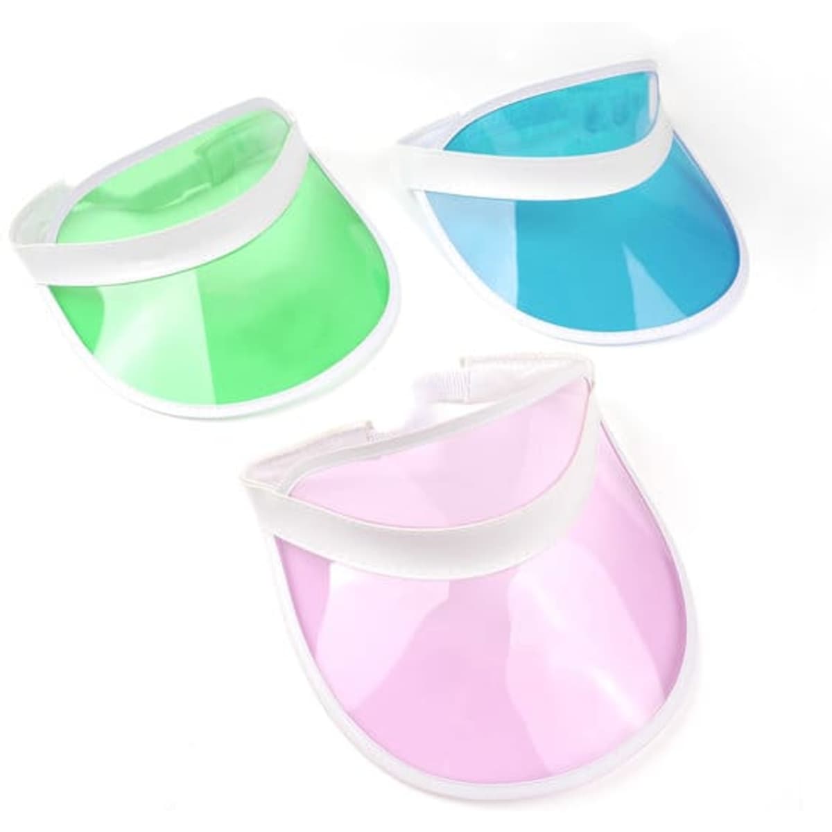 A collection of PVC sun visor hats in green, blue, and pink, each featuring a white band and a logo.