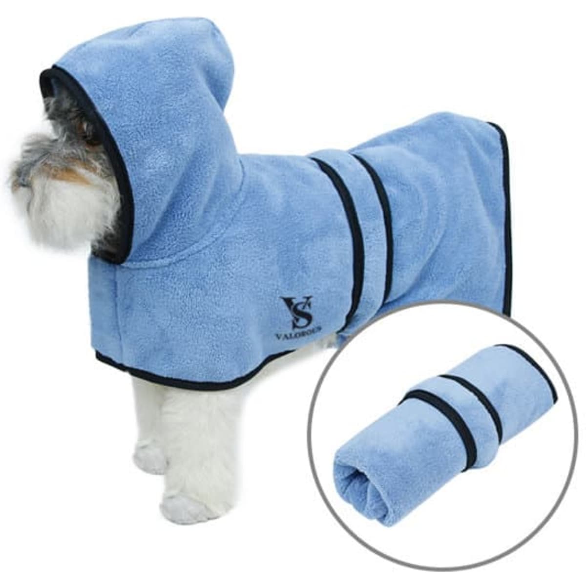 A light blue pet bathrobe with a hood, featuring black trim and a logo, displayed on a small dog.
