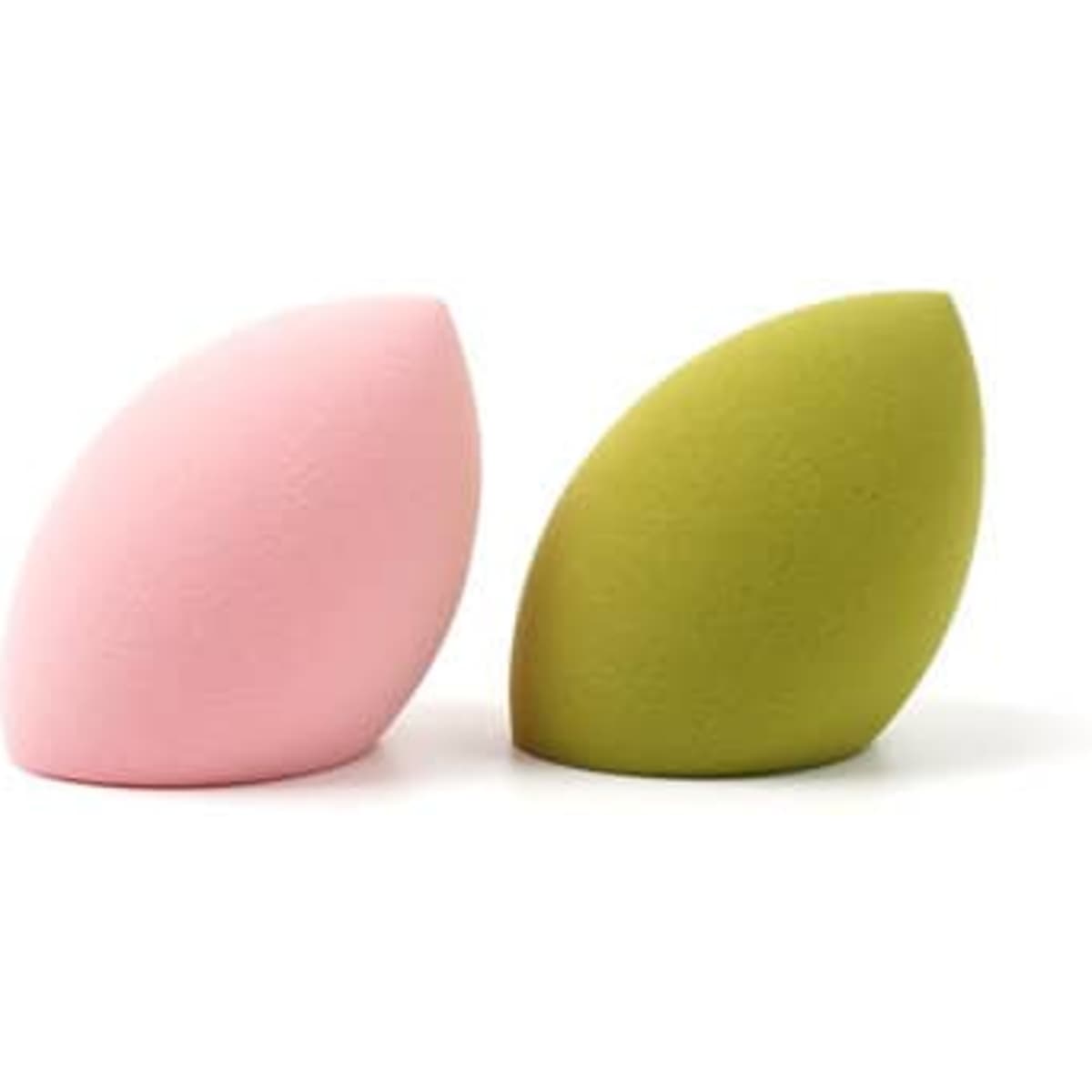 A pink and a green beauty sponge in a miter cut shape, designed for makeup application.