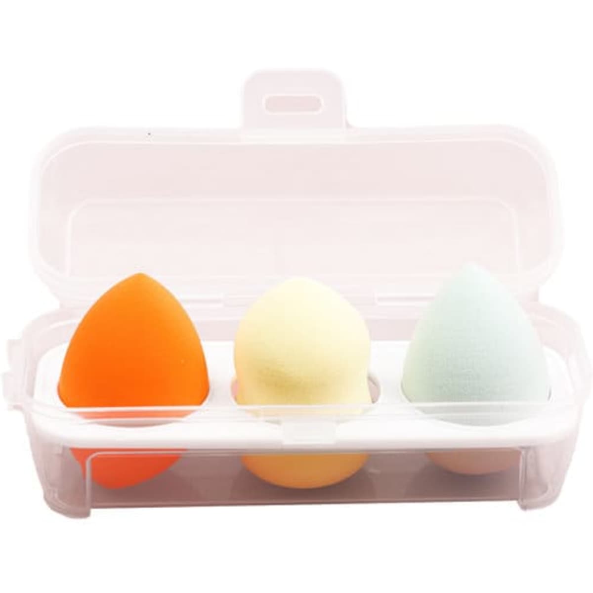Three beauty eggs in orange, yellow, and green colours inside a clear case. The case has a secure lid.