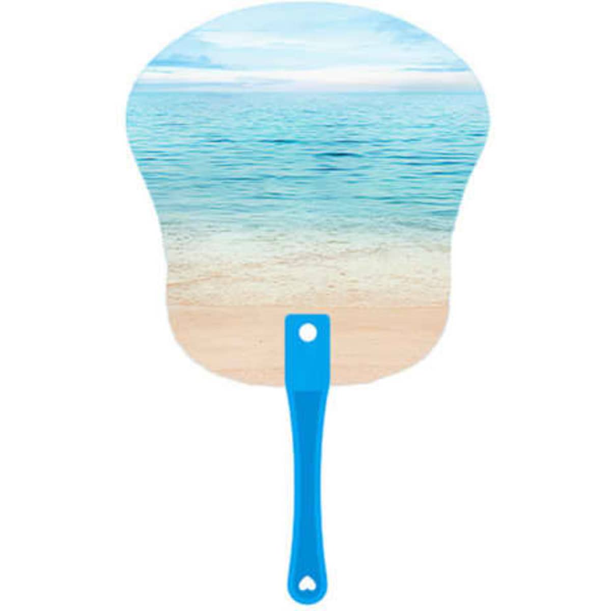 A blue-handled plastic advertising hand fan featuring a serene beach and ocean design.