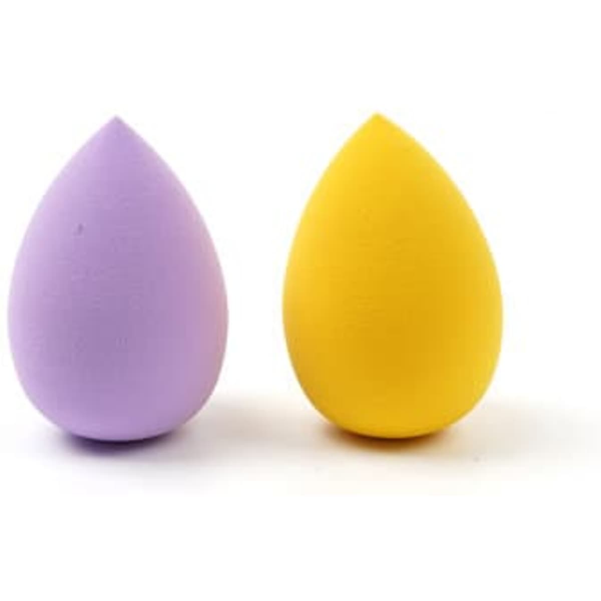 Two beauty eggs in purple and yellow, with a smooth finish, displayed side by side. Each has a rounded shape.