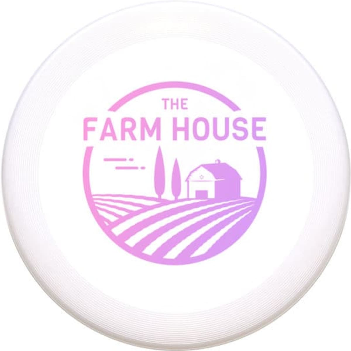 A white frisbee featuring a pink logo with farm-themed graphics and text. Suitable for outdoor fun and games.