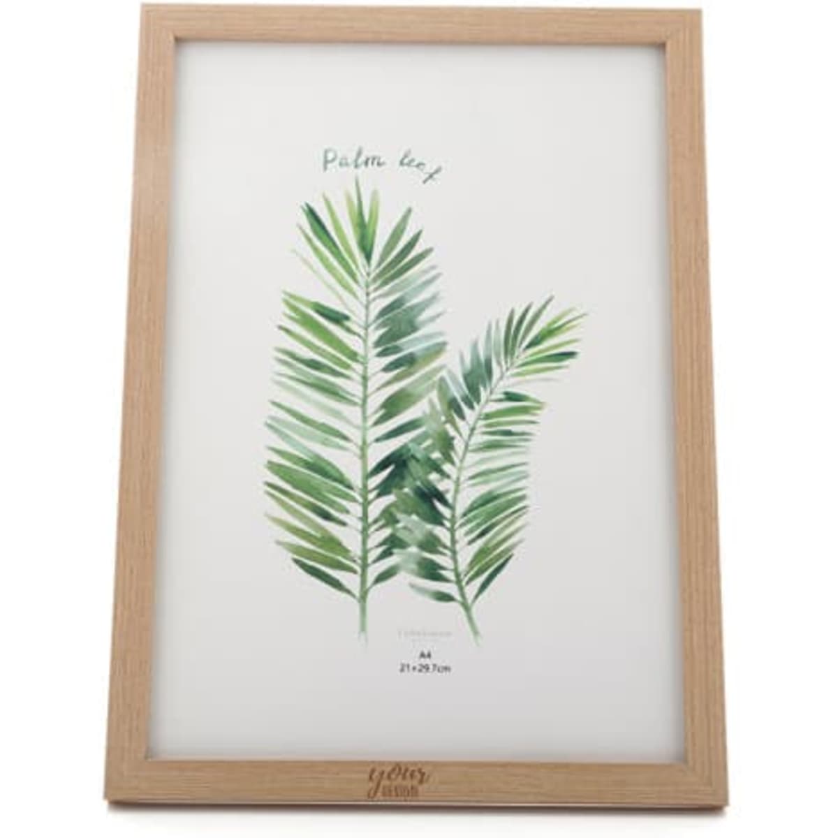 A wooden A4 picture frame in a light timber finish, displaying a foliage artwork. Features a logo at the bottom.