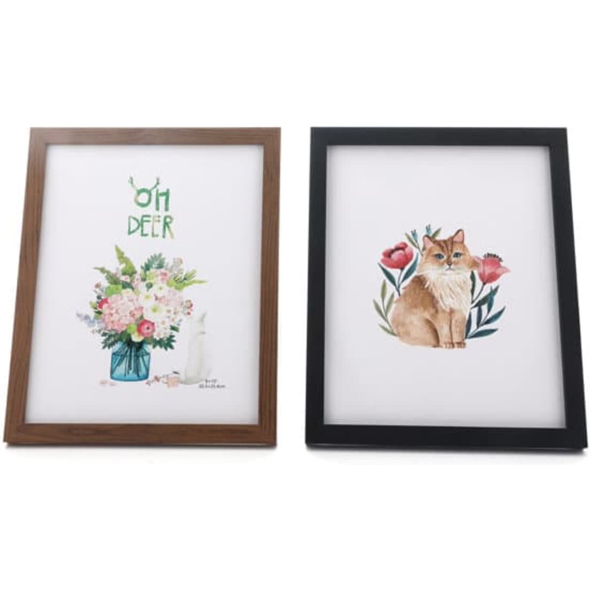 Two decorative photo frames are displayed: one wooden brown frame with a floral illustration, and one black frame featuring a fox illustration.