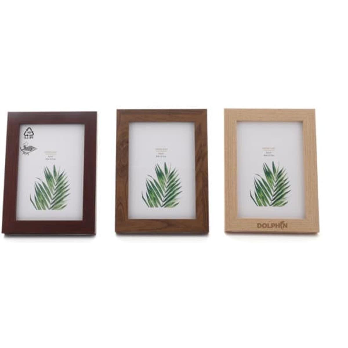 Three wooden picture frames in dark brown, medium brown, and light wood, each displaying a leaf design.