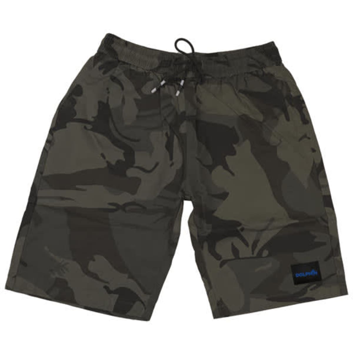 Men's camouflage shorts in green tones with an elastic waistband and drawstring. Features a logo on the side.