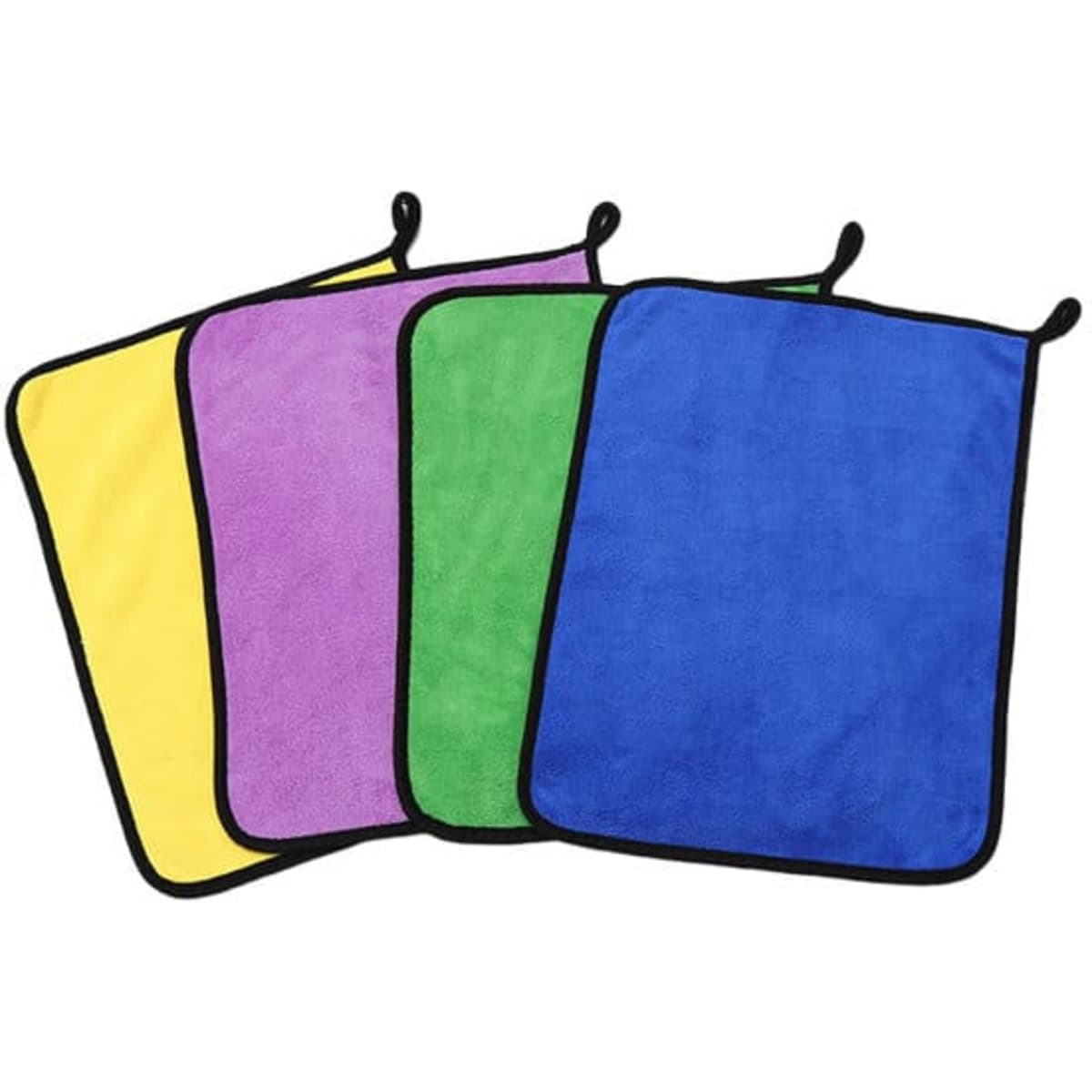 A set of coral fleece car wash towels in yellow, purple, green, and blue with black borders and hanging loops.