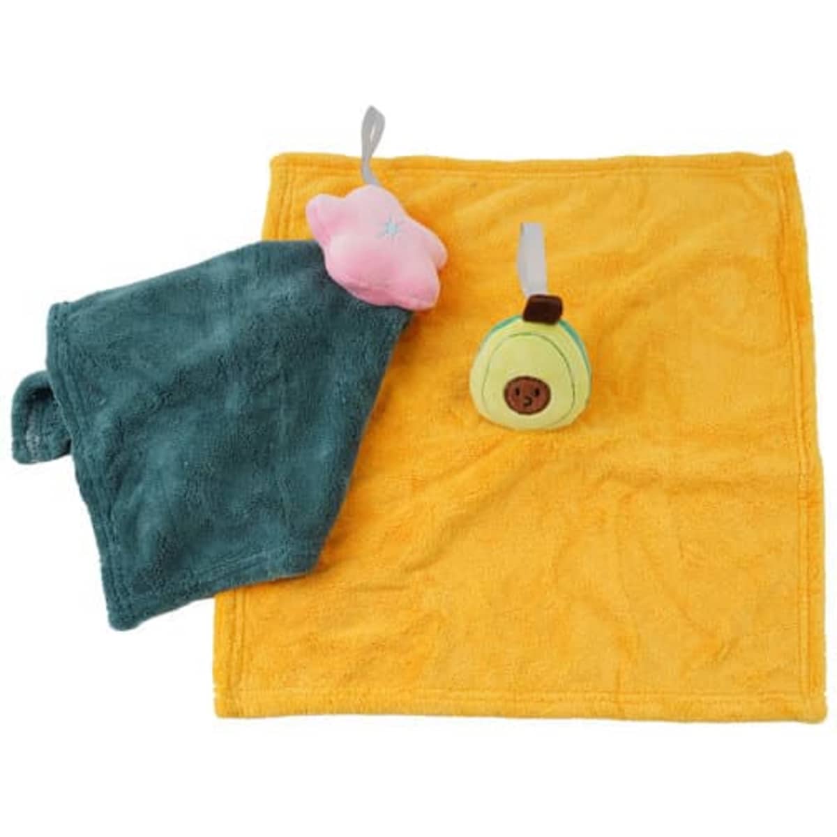 A bright yellow hand towel with a green towel, featuring a pink star and an avocado-shaped embellishment.