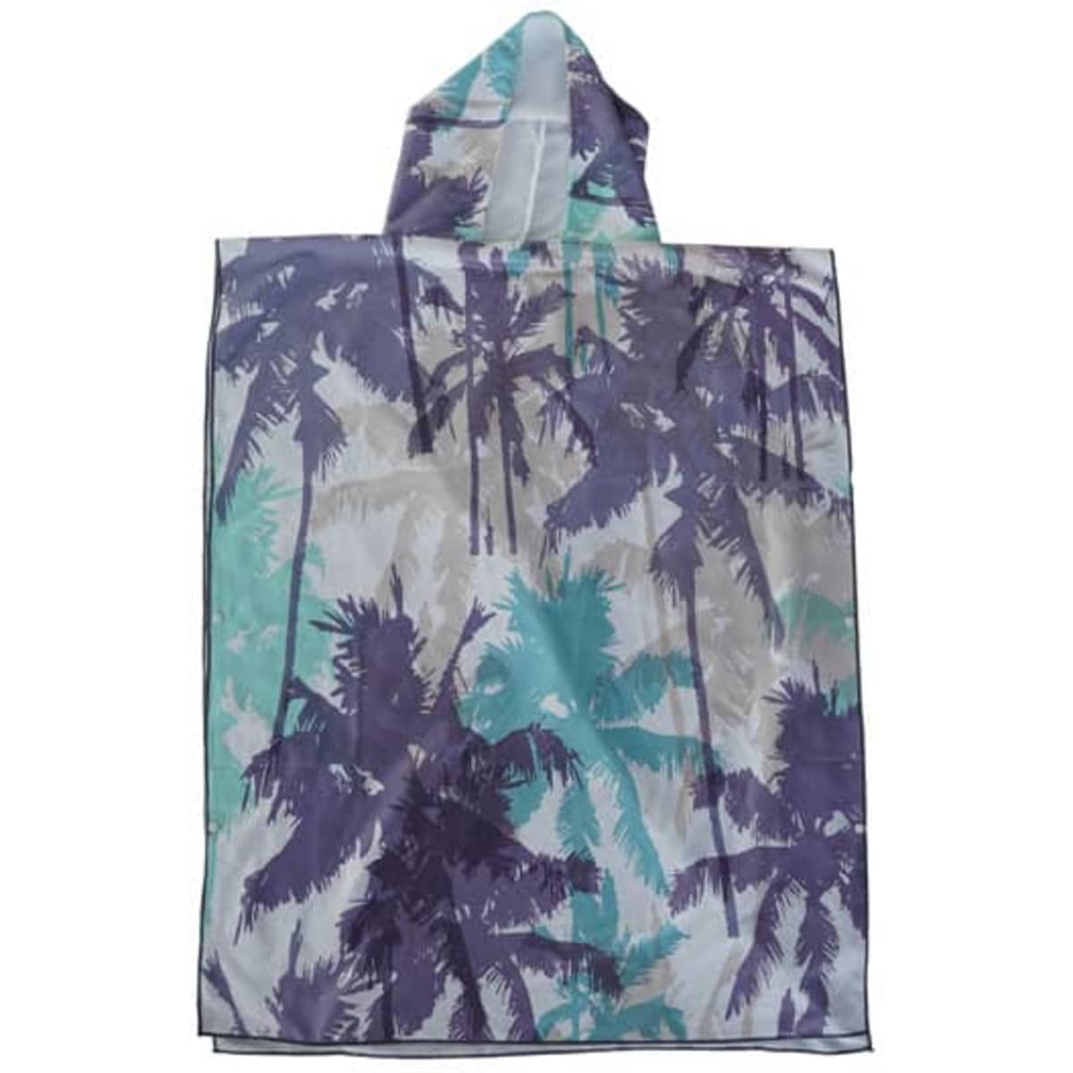 A hooded surf poncho towel with a tropical palm tree design in shades of purple, mint, and grey. It features a logo.