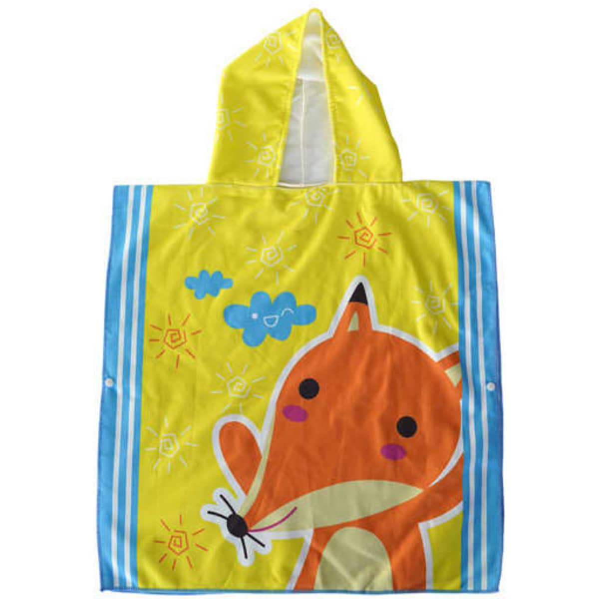 A yellow microfiber hooded towel featuring an orange fox design and bright blue accents. It has a hood and playful graphics.
