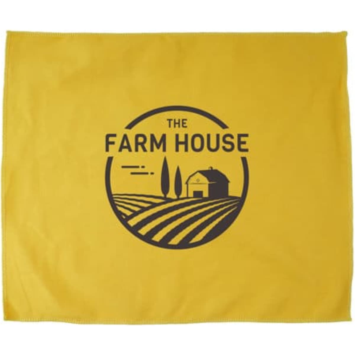 A yellow microfiber rally towel featuring a logo and design of fields and a farmhouse.