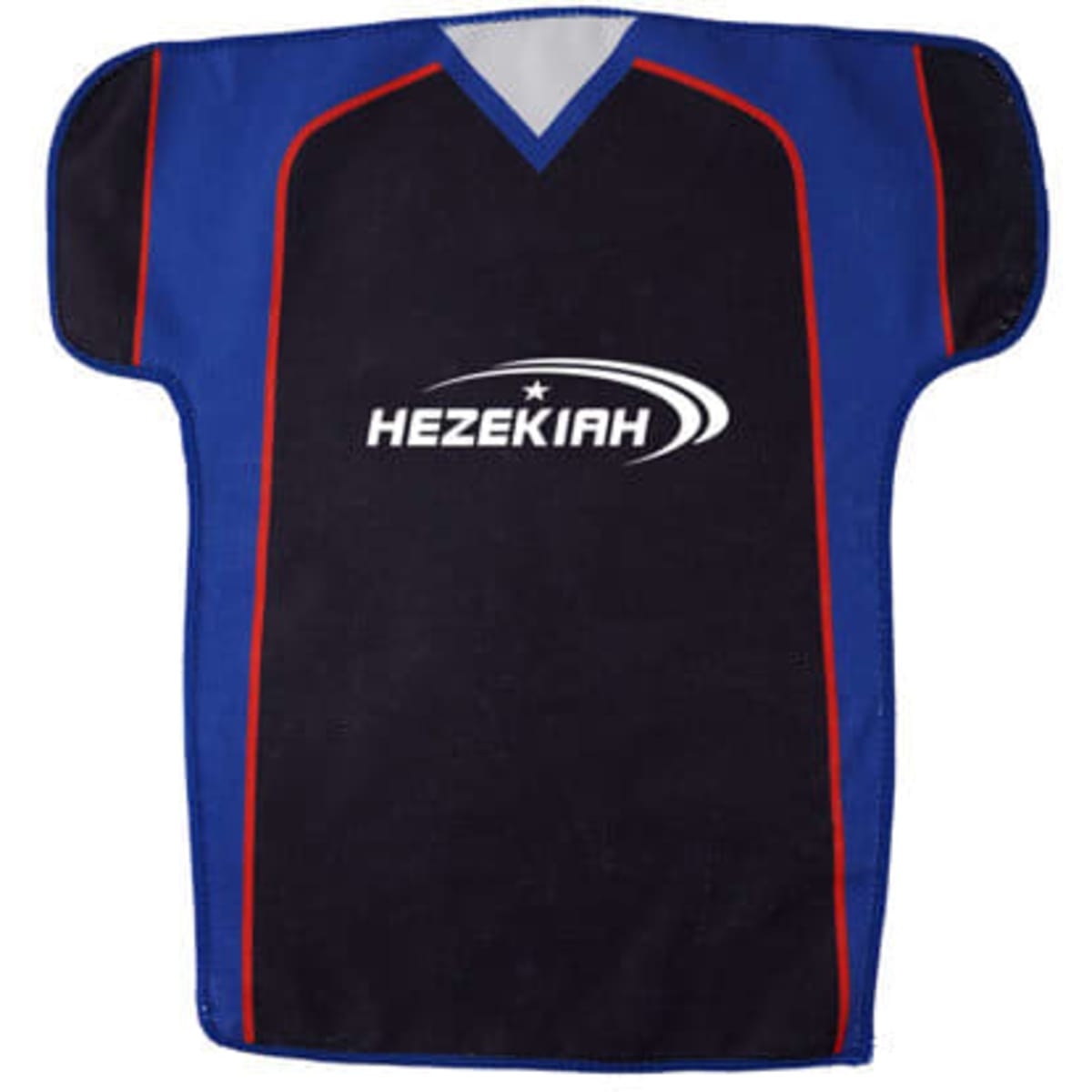 A navy blue and red half sleeve jersey-shaped rally towel featuring a logo on the front.