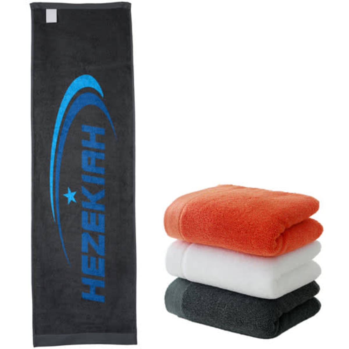 A black sports towel with a logo beside stacked towels in orange, white, and grey colours.