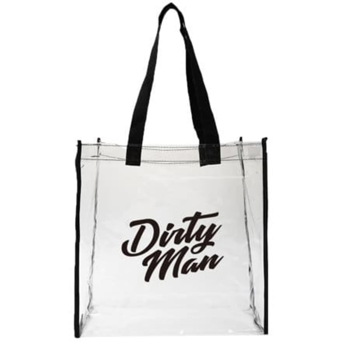 A clear tote bag with black handles and a logo featuring the words "Dirty Man."