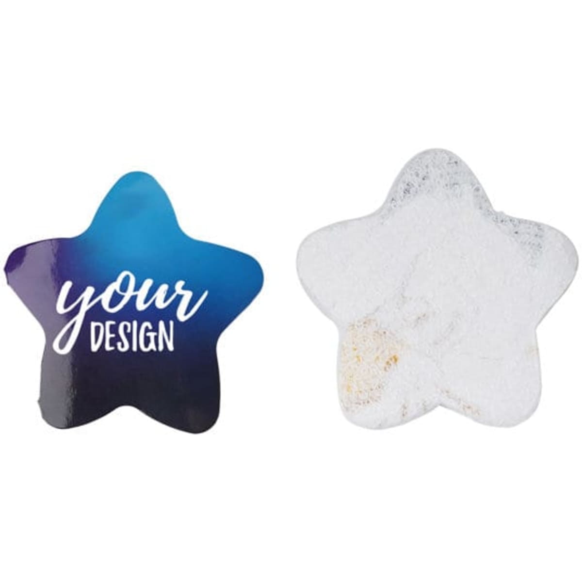 A star-shaped compressed towel in gradient blue and white, featuring a space for custom design on one side.